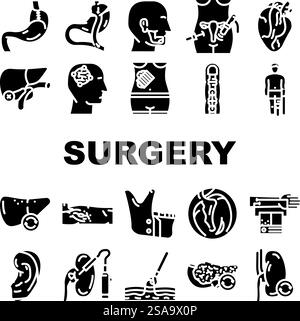 icônes de scalpel de médecin de chirurgie définir vecteur. hôpital de chirurgien, instruments de clinique, masque de gommage, blouse de gants, urgence, illustrations du pictogramme de glyphe au scalpel du médecin de traumatologie. icônes de scalpel de médecin de chirurgie définir vecteur Illustration de Vecteur