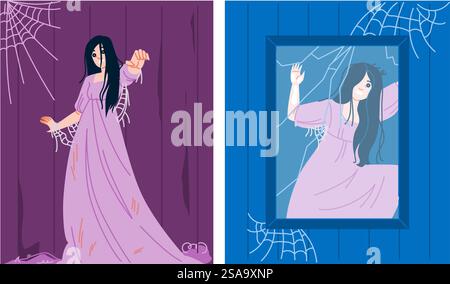 vecteur de femme de maison hantée effrayante. night evil, nightmare murder, witch girl effrayant personnage de femme de maison hantée. illustration de bande dessinée plate de gens. vecteur de femme de maison hantée effrayante Illustration de Vecteur
