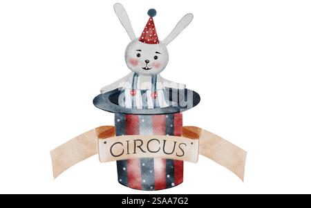 Aquarelle de cirque. Animal mignon dessiné à la main sur fond blanc isolé. Clip art d'un lapin assis dans un chapeau de magicien avec un signe de cirque. Parfait Banque D'Images