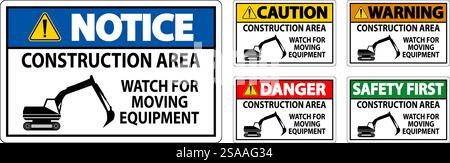 Zone de construction des panneaux d'avertissement - attention aux déplacements d'équipement Illustration de Vecteur