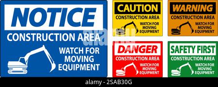 Zone de construction des panneaux d'avertissement - attention aux déplacements d'équipement Illustration de Vecteur