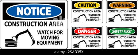Zone de construction des panneaux d'avertissement - attention aux déplacements d'équipement Illustration de Vecteur