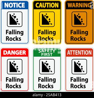 Panneau d'avertissement, panneau de stationnement et panneau de guidage, chutes de pierres Illustration de Vecteur