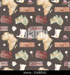 Valises, parchemin avec l'Australie, carte de l'Afrique, chapeau de soleil, loupe aquarelle motif sans couture sur fond brun. Dessiné à la main pour stationnaire Banque D'Images