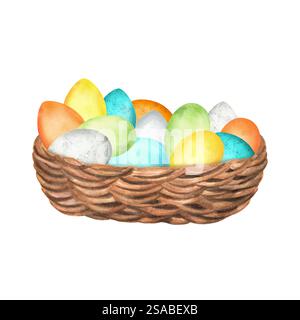 Panier en osier avec œufs jaunes, bleus, verts, oranges. Clipart de Pâques. Illustration d'aquarelle dessinée à la main. Banque D'Images