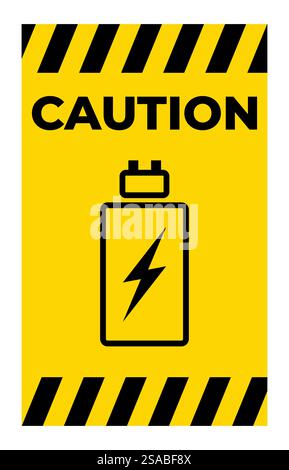 Panneau d'avertissement jaune vif avec icône de batterie et texte d'avertissement. Idéal pour transmettre des informations de sécurité concernant l'utilisation et l'entretien de la batterie. Illustration de Vecteur