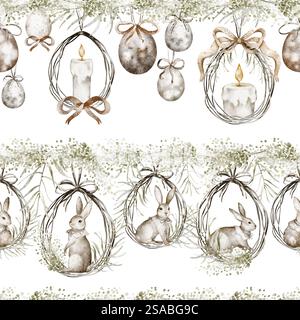 Motif sans couture d'aquarelle de lapin de Pâques avec des oeufs de décoration suspendus et des bougies Banque D'Images
