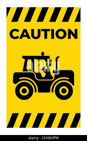 Un panneau d'avertissement comportant une icône de tracteur noire sur fond jaune. Cette image sert d'avertissement clair pour la sécurité agricole et la sensibilisation aux machines. Illustration de Vecteur