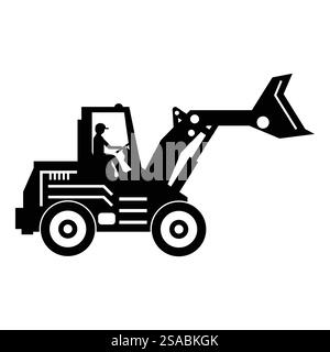 Une silhouette noire et blanche frappante d'une pelle hydraulique avec un opérateur, parfaite pour représenter les thèmes de la construction, du terrassement et des machines. Illustration de Vecteur