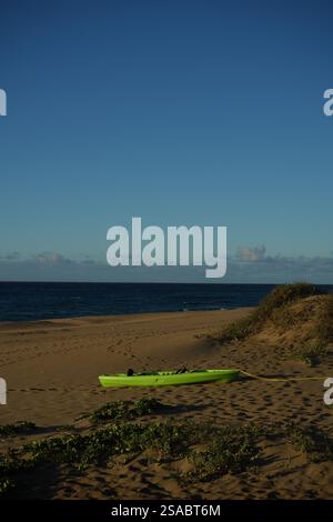Kayak solitaire sur une plage de sable isolée, Kauai, Hawaï - scène côtière paisible avec sable doré, océan bleu, et des vibrations d'aventure tropicale Banque D'Images