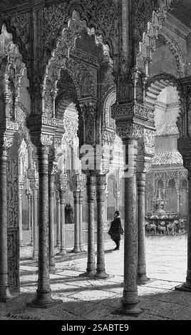 Cour des Lions avec la Fontaine du Lion dans l'Alhambra de Grenade, Andalousie, portique, ornementation orientale, géographie, Espagne, illustr historique Banque D'Images