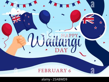Joyeux Waitangi Day Illustration vectorielle le 6 février avec drapeau et carte de Nouvelle-Zélande dans la conception de fond de dessin animé plat de vacances nationales Illustration de Vecteur
