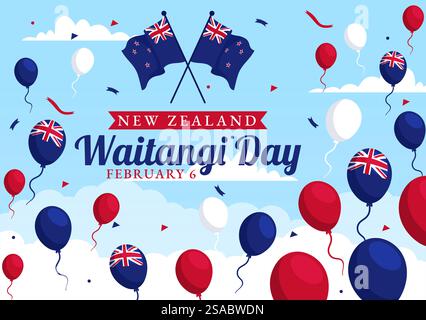 Joyeux Waitangi Day Illustration vectorielle le 6 février avec drapeau et carte de Nouvelle-Zélande dans la conception de fond de dessin animé plat de vacances nationales Illustration de Vecteur