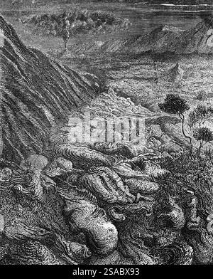 Lave chaude de l'éruption du Vésuve coule à travers le paysage, en arrière-plan le volcan fumant, les arbres, la géographie, l'Italie, historique i Banque D'Images