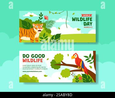 Wildlife Day horizontal Banner Flat Cartoon dessinés à la main modèles Illustration de fond Illustration de Vecteur