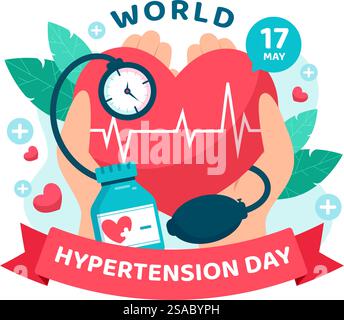 Illustration vectorielle de la Journée mondiale de l'hypertension le 17 mai avec l'hypertension artérielle, le tensiomètre et l'image d'amour rouge dans le fond plat de soins de santé Illustration de Vecteur