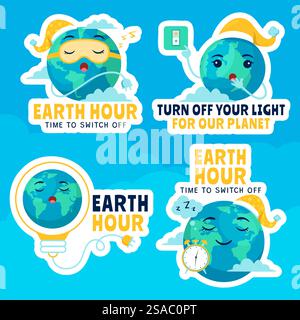 Étiquette de jour d'heure de la Terre plat dessin animé modèles dessinés à la main Illustration de fond Illustration de Vecteur