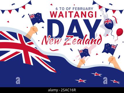 Joyeux Waitangi Day Illustration vectorielle le 6 février avec drapeau et carte de Nouvelle-Zélande dans la conception de fond de dessin animé plat de vacances nationales Illustration de Vecteur