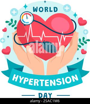 Illustration vectorielle de la Journée mondiale de l'hypertension le 17 mai avec l'hypertension artérielle, le tensiomètre et l'image d'amour rouge dans le fond plat de soins de santé Illustration de Vecteur