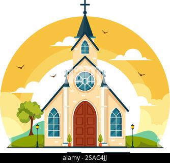 Cathédrale Catholique Catholique bâtiment illustration vectorielle avec architecture, conception d'intérieur médiévale et moderne des églises en fond de dessin animé plat Illustration de Vecteur