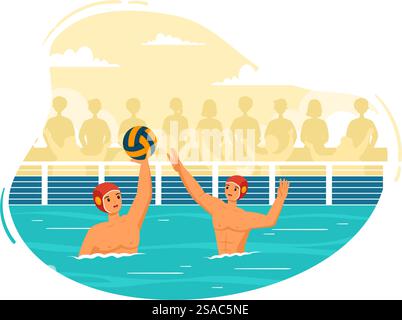 Water Polo Sport illustration vectorielle avec joueur jouant pour lancer la balle sur l'adversaire & rsquo ; s objectif dans la piscine en fond de dessin animé plat Illustration de Vecteur