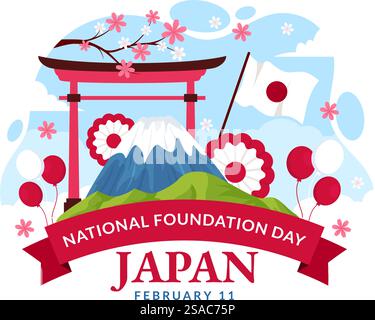 Joyeux Japon National Foundation Day Illustration vectorielle le 11 février avec des monuments japonais célèbres et drapeau dans le fond plat de dessin animé d'enfants Illustration de Vecteur