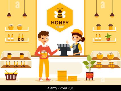 Illustration vectorielle de magasin de miel avec un pot de produit utile naturel, abeille ou nids d'abeilles à consommer dans la conception de fond de dessin animé plat Illustration de Vecteur