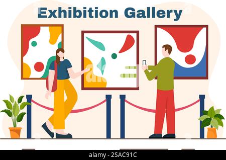 Visiteurs de l'exposition regardant une galerie avec la peinture abstraite moderne à Contemporary dans le hall d'exposition dans l'illustration vectorielle de fond de dessin animé plat Illustration de Vecteur