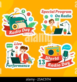 Étiquette de jour radio plat dessin animé modèles dessinés à la main Illustration d'arrière-plan Illustration de Vecteur