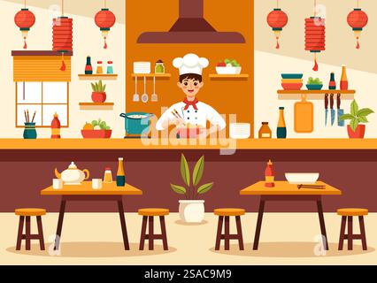 Restaurant de nourriture vietnamienne illustration vectorielle d'Un menu présentant une collection de divers plats délicieux de cuisine dans un fond de dessin animé de style plat Illustration de Vecteur