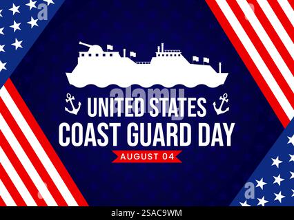 Illustration vectorielle de jour de la garde côtière des États-Unis le 4 août avec drapeau américain agitant et navire dans le fond de dessin animé plat de la fête nationale Illustration de Vecteur