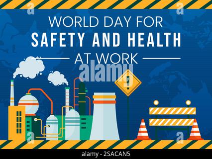 Journée mondiale de la sécurité et de la santé au travail Illustration vectorielle le 28 avril avec outil mécanique et casque de construction dans fond de dessin animé plat Illustration de Vecteur