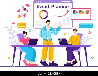 Illustration vectorielle de planificateur d'événements avec calendrier de planification, gestion du temps, agenda d'affaires et concept de calendrier dans le fond plat de dessin animé Illustration de Vecteur