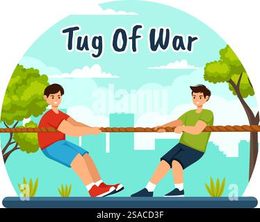 Illustration vectorielle de Tug of War avec des personnes tirant les extrémités opposées d'une corde dans une compétition d'affaires ou autre dans un fond de dessin animé de style plat Illustration de Vecteur