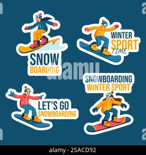 Illustration d'arrière-plan des modèles dessinés à la main d'étiquette de snowboard Flat Cartoon Illustration de Vecteur