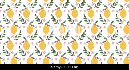 Charmante citron sans couture et motif floral avec des fleurs roses et des feuilles vertes sur fond blanc pour des motifs décoratifs et textiles élégants Illustration de Vecteur