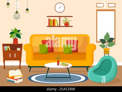 Illustration vectorielle de décor à la maison avec intérieur de salon et meubles tels que canapé confortable, fenêtre, chaise, plantes d'intérieur et accessoires Illustration de Vecteur