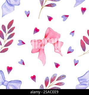 Modèle sans couture par aquarelle avec des noeuds roses et violets, coeur et roses et brunchs violets. Banque D'Images