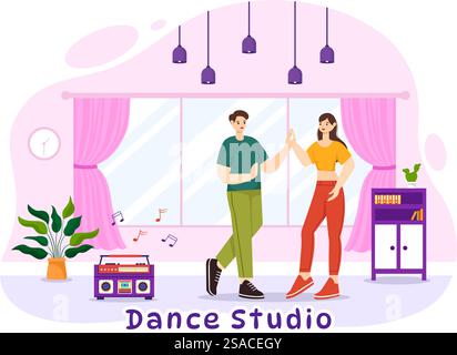 Illustration vectorielle de studio de danse avec des couples de danse exécutant accompagné de musique dans Flat Cartoon fond Design Illustration de Vecteur