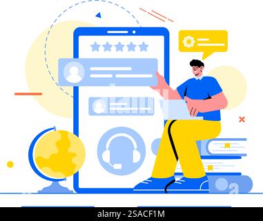 Agent de centre d'appels illustration vectorielle d'un opérateur de service à la clientèle ou de ligne directe avec des casques ou des ordinateurs dans un arrière-plan de dessin animé de style plat Illustration de Vecteur