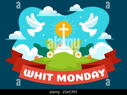 Whit Monday illustration vectorielle avec un pigeon ou une colombe pour les vacances de la communauté chrétienne du Saint-esprit dans la conception de fond de dessin animé plat Illustration de Vecteur