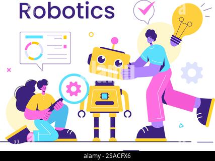 Robotique illustration vectorielle de robots d'intelligence artificielle communiquant avec la technologie et l'ingénierie, avec une ampoule et des engrenages Illustration de Vecteur