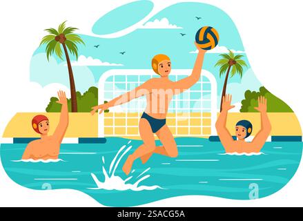 Water Polo Sport illustration vectorielle avec joueur jouant pour lancer la balle sur l'adversaire & rsquo ; s objectif dans la piscine en fond de dessin animé plat Illustration de Vecteur