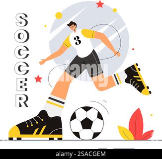 Illustration vectorielle de football mettant en vedette un homme frappant un ballon de football sur un terrain vert pour une ligue de football et un match de sport dans un fond de dessin animé plat Illustration de Vecteur