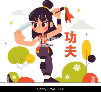 Traduction chinoise : Kung Fu avec des gens démontrant des arts martiaux chinois dans une illustration vectorielle de fond de dessin animé de style plat Illustration de Vecteur