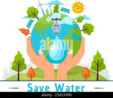 Illustration vectorielle d'économie d'eau pour la campagne d'économies de minéraux et l'utilisation de l'énergie avec robinet et concept de la terre en fond de dessin animé plat Illustration de Vecteur