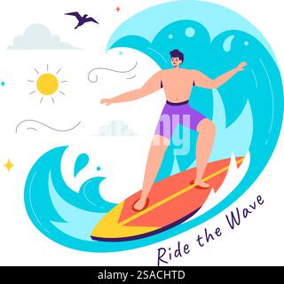 Surf d'été illustration vectorielle des activités de sports nautiques, mettant en vedette des planches de surf chevauchant les vagues de l'océan ou flottant dans un fond de dessin animé de style plat Illustration de Vecteur