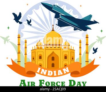 Illustration vectorielle du jour de la Force aérienne indienne le 8 octobre, avec un drapeau ondulant, les forces armées et un avion de chasse dans un fond plat de fête nationale Illustration de Vecteur