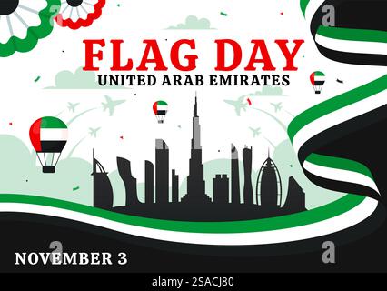 Illustration vectorielle du jour du drapeau des Émirats arabes Unis le 3 novembre mettant en vedette des drapeaux nationaux et des ornements décoratifs dans un fond de dessin animé de style plat Illustration de Vecteur