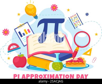 Pi approximation Day Vector illustration le 22 juillet avec des constantes mathématiques, des lettres grecques ou une tarte sucrée cuite en fond de dessin animé plat Illustration de Vecteur